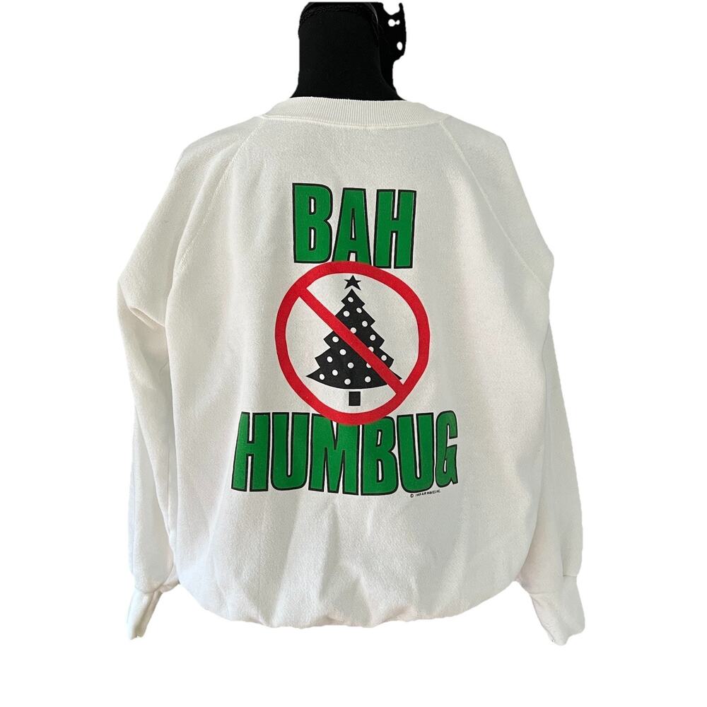 Vtg 1989 Christmas Sweatshirt Air Waves Size Large Unisex Made In USA Bah Humbug